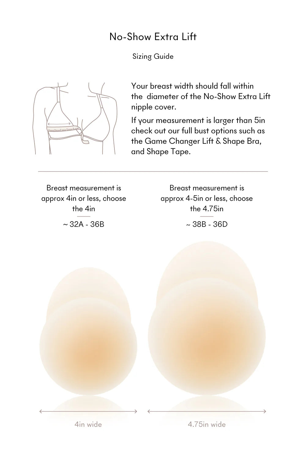 No-Show Extra Lift size chart